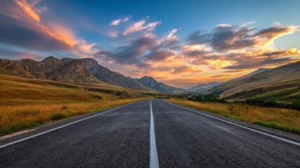 Asphalt road winding through mountain landscape under dramatic sky clouds at sunrise with soft morning light illuminating nature scenery