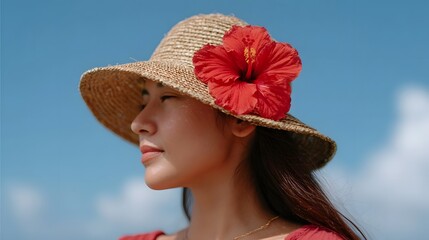 Close up profile of a serene woman wearing a wide brimmed straw hat adorned with a vibrant red hibiscus flower set against a clear blue sky