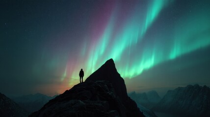 Silhouette of a lone traveler standing on a mountain peak under vibrant aurora borealis and starry night sky, lofoten islands, norway, breathtaking northern lights over dramatic landscape
