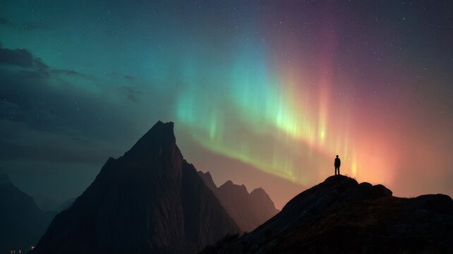 Silhouette of a lone traveler standing on a mountain peak under vibrant aurora borealis and starry night sky, lofoten islands, norway, breathtaking northern lights over dramatic landscape