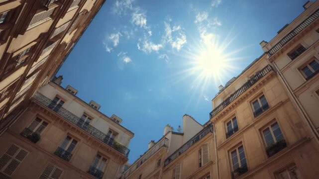 Sunlit parisian architecture with clear blue sky