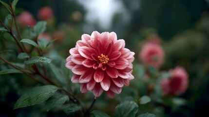 A vibrant pink and red dahlia flower with dew drops captured in a soft natural garden setting