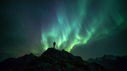 Silhouette of a lone traveler standing on a mountain peak under vibrant aurora borealis and starry night sky, lofoten islands, norway, breathtaking northern lights over dramatic landscape