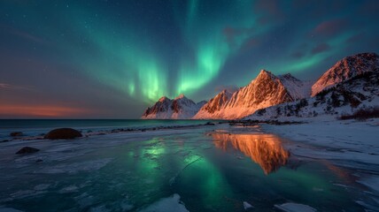 Aurora borealis over snow-capped mountains and frozen coastal waters reflecting northern lights at night in lofoten islands, norway, winter landscape with starry sky and ice in water