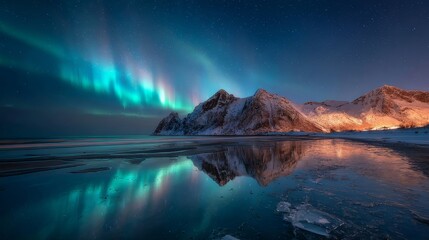 Aurora borealis over snow-capped mountains and frozen coastal waters reflecting northern lights at night in lofoten islands, norway, winter landscape with starry sky and ice in water