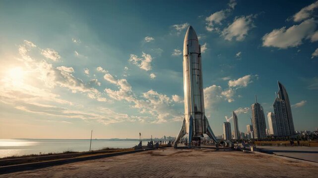 Futuristic rocket launch site with skyscrapers in sunlit coastal cityscape