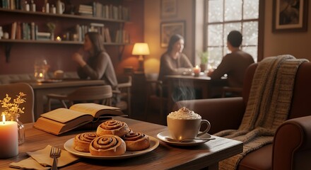 Cozy autumn evening scene featuring warm cinnamon rolls hot beverage and books by a window