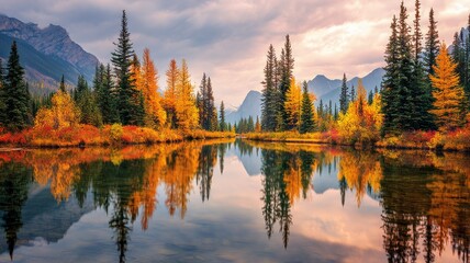 Colorful autumn forest reflected in a mountain lake during a vibrant morning in the canadian mountains, scenic fall landscape with golden and red foliage
