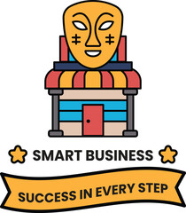 A black and white drawing of a building with a mask on top of it