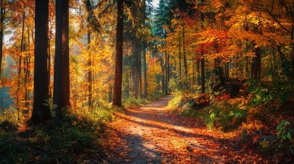 Autumn forest landscape with sunlit road covered in golden leaves, warm light illuminating vivid fall foliage along scenic footpath on a crisp october day