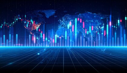 Futuristic Stock Market Chart with World Map Background.