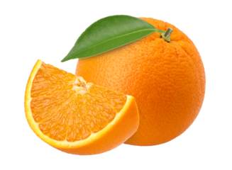 Orange fruit with leaves (Navel oranges) and slices isolated, Orange fruit macro studio photo, transparent PNG, collection, PNG format