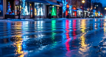 Vibrant city street at night reflects colorful neon lights on wet pavement after a rain shower