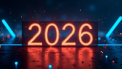 Happy New Year 2026 fiery orange neon text with glowing particles and dramatic light rays