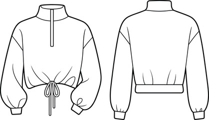 Cropped long sleeve pullover with mock neck, drawstring hem, balloon sleeves, front zip detail, technical fashion CAD flat vector illustration
