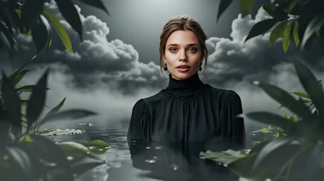 A woman with an updo hairstyle and earrings wearing a black high-neck blouse stands against a gray background enveloped in swirling white smoke