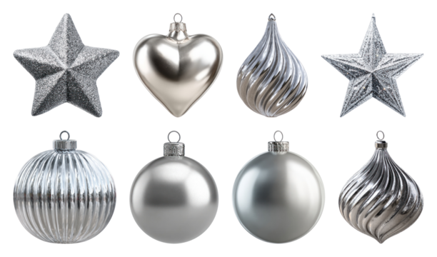PNG Elegant silver Christmas ornaments, element set on transparent background - Powered by Adobe