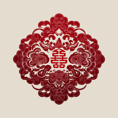 Red double happiness symbol with ornate clouds