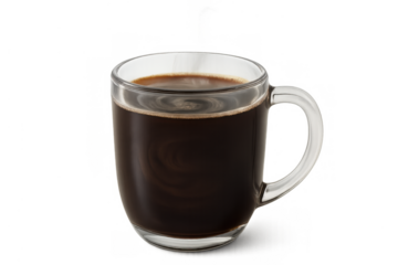 Hot black coffee in a clear glass mug on a transparent background, offering a warming start to the day