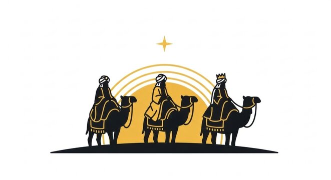 Three wise men riding camels at golden sunrise minimalistic line art, Epiphany religious symbol on white background