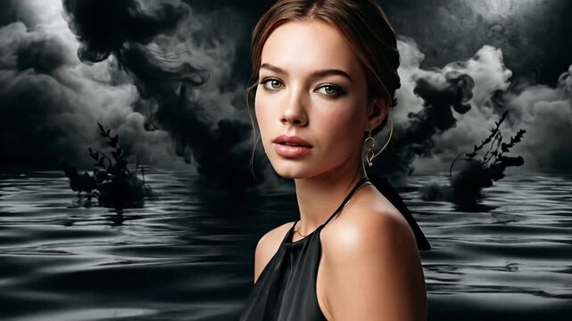 A woman with an updo and gold jewelry in front of a dark smoky sky and rippling water