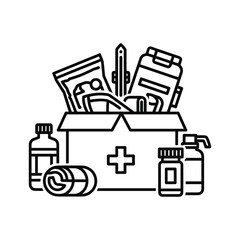 A line drawing of a first aid kit with medical supplies, isolated on a