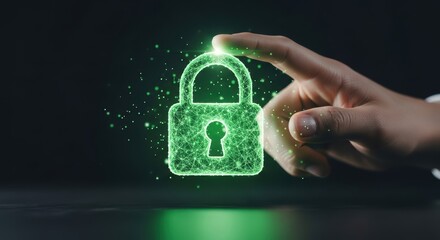 Digital security concept illustrated by a glowing padlock with human hand representing data protection and access control