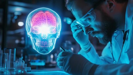 Scientist examining glowing holographic skull and brain model under blue laboratory light, symbolizing innovation, technology, neuroscience, and futuristic medical research in digital science indoor