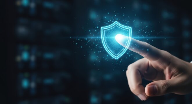 Finger touches digital shield on server background representing cybersecurity and data protection