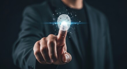Man authenticates access with digital fingerprint for secure data verification and identity protection in cybersecurity innovation