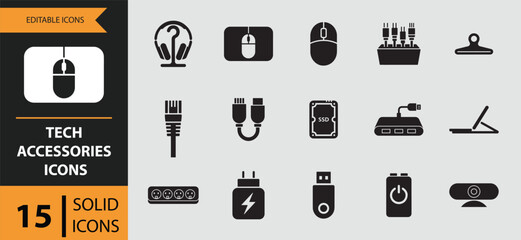 15 Tech Accessories Icons solid icon set