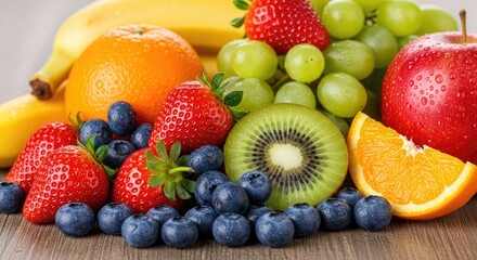 A vibrant assortment of fresh fruits including strawberries, blueberries, kiwi, and oranges, arranged on a wooden table with bananas and apples in the background.