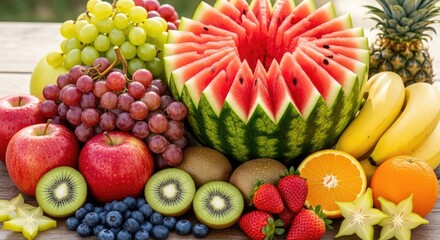 A vibrant assortment of fresh fruits including apples, kiwi, strawberries, and oranges arranged on a wooden table.