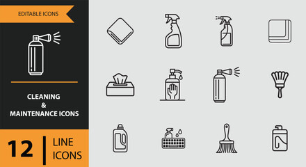 12 Cleaning and Maintenance Icons outline icon set