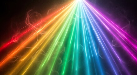Obraz premium A rainbow-colored light beam shining through a dark, smoky background.