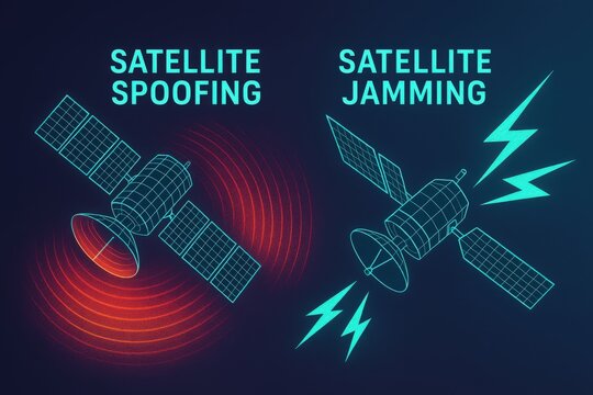 Satellite spoofing and jamming with sleek digital representation emphasizing cybersecurity risks in modern communication networks captured with clarity