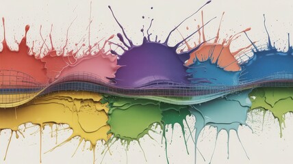 Abstract background fusion of layered paint splashes and digital glitch fragments, modern chaos illustration