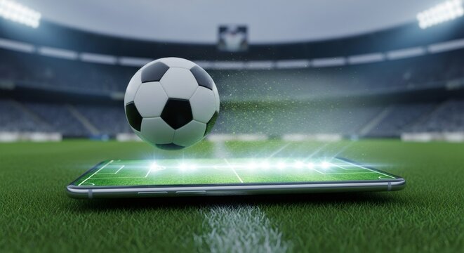 Football rising from smartphone screen over stadium turf, symbolizing online sports betting, mobile gaming, or virtual reality soccer game concept - Powered by Adobe