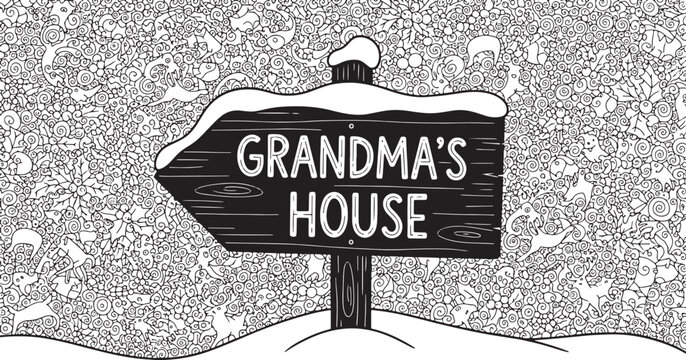 Detailed vector illustration of winter scene with Grandmas House signpost