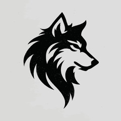 Stylized black wolf head profile on a textured gray background
