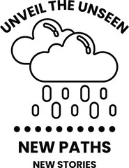 A white and black image of a cloud with raindrops falling from it