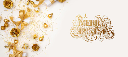 Merry Christmas and Happy New Year greeting card, frame, and banner. Holidays design. Noel and...