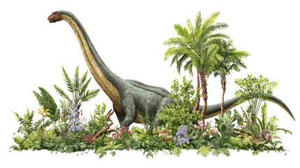 Obraz premium Brachiosaurus dinosaur walking through prehistoric jungle foliage