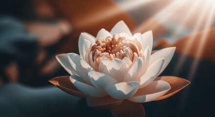 White water lily flower floating on dark water with sunlit rays. Beautiful lotus blossom for spa, meditation, balance, and nature concept.