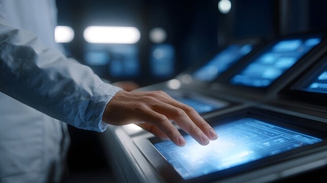 A person s hand touches a glowing blue digital interface on a futuristic control panel