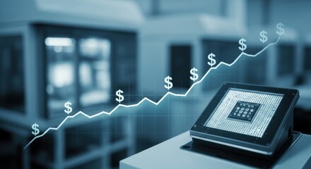 Rising dollar chart overlays a modern processor showcasing investment in technology and financial growth trends