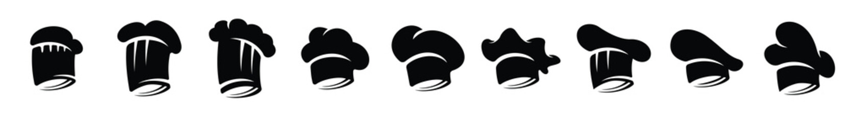 Flat Chef Hat Collection. Chef hat silhouette icons set. Professional cooking symbols. Kitchen uniform vector designs. Culinary logo concepts. Food industry illustrations. Cook and baker hats isolated
