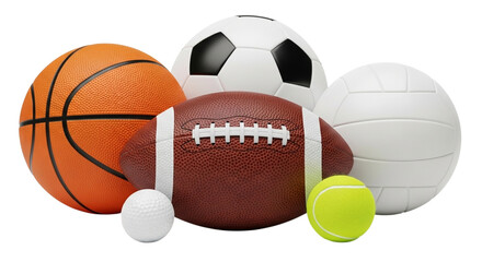 Collection of various sports balls including basketball, soccer, football, tennis, volleyball, and golf ball