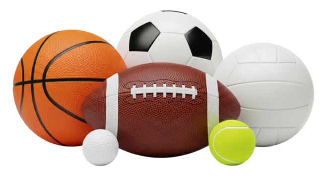 Collection of various sports balls including basketball, soccer, football, tennis, volleyball, and golf ball