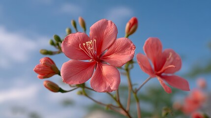 Delicate pink flowers with prominent stamens bloom against a soft blue sky with wispy clouds